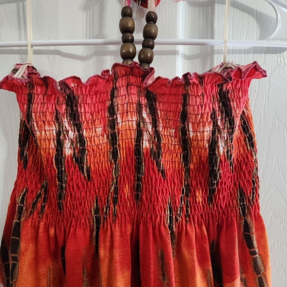 Tie dye smocked maxi dress ruffle hippie boho festival beachy resort colorful LG - Picture 8 of 12